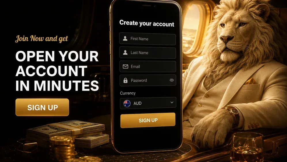 Mobile screen showing sign-up form with AUD selector