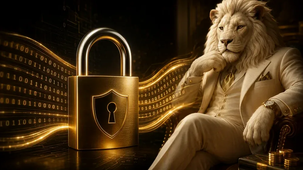 Padlock icon over encrypted data stream graphic